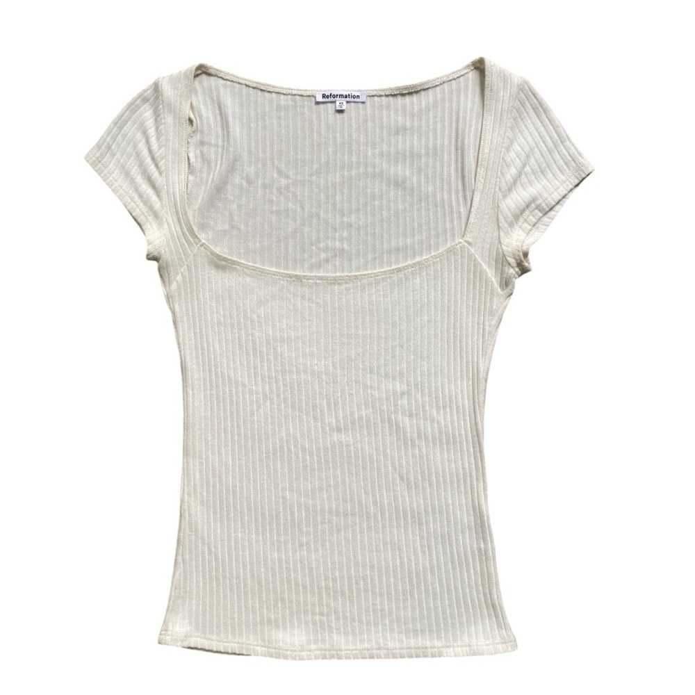 Reformation Cream Ribbed Short Sleeve Scoop Neck Tee